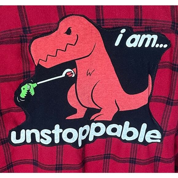 T-Rex Unstoppable Plaid Flannel Shirt Large Oversize Shacket Unique Upcycled - Picture 2 of 5